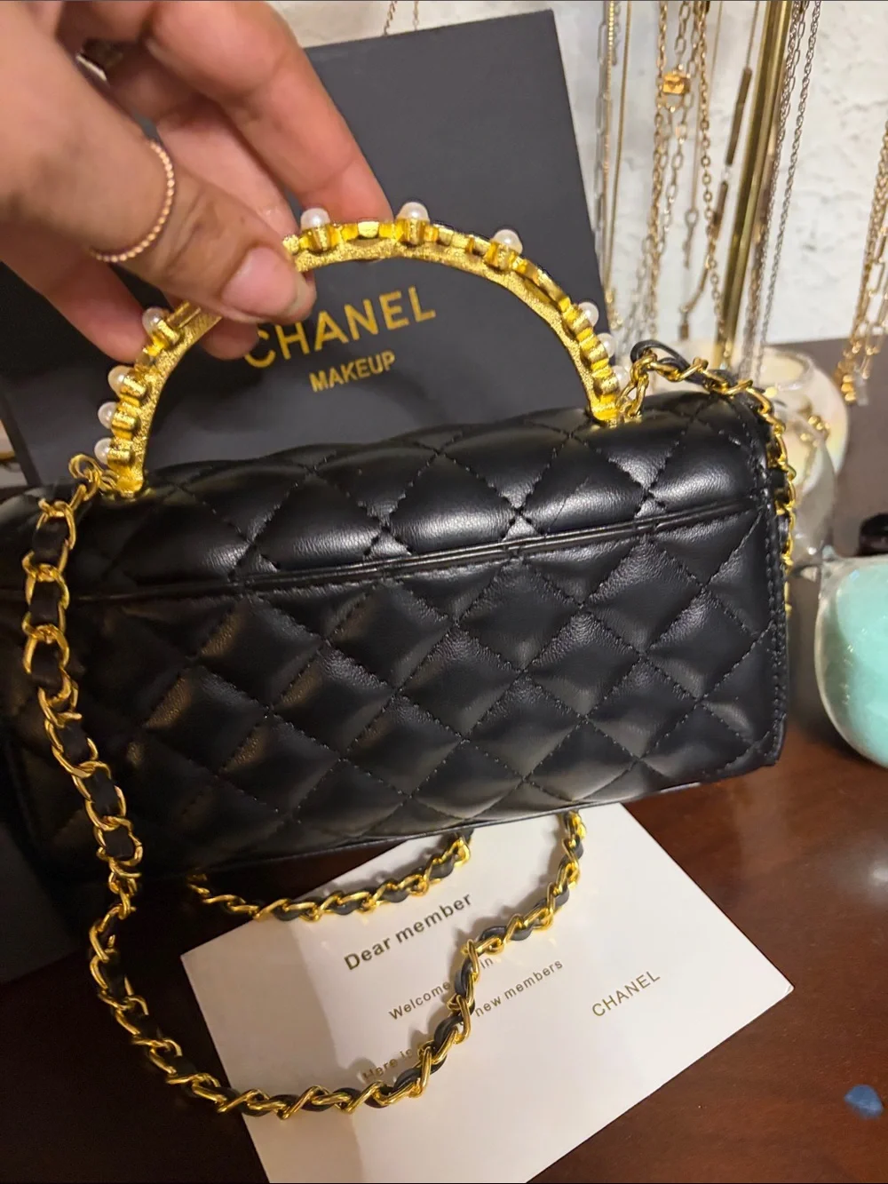 GWP CHANEL / VIP /novelty Black Quilted Mini Chain Top-Handle Bag with Gold CC.